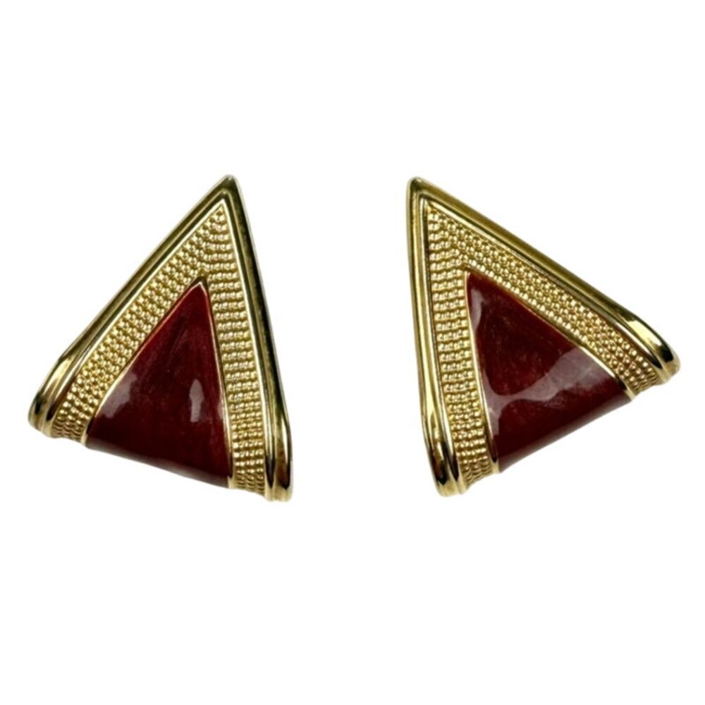 Vintage Red Enamel Triangle Earrings Gold Tone 80s Luxury Glam Glamoratti